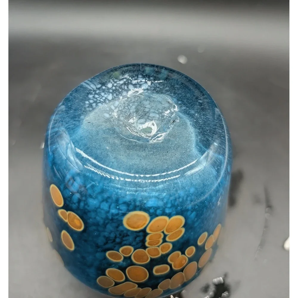 Hand Blown Blue Art Glass Vase Swirl Pebble Pattern Metallic Accents Artisan 6